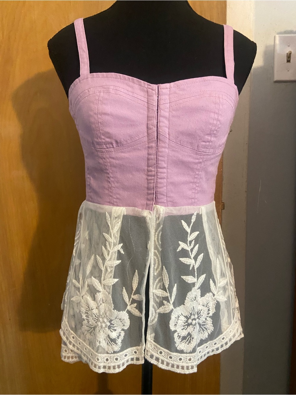 Fairy Cottage Boho Lavendar Bustier with White Lace Embroidered Mesh Bottom
